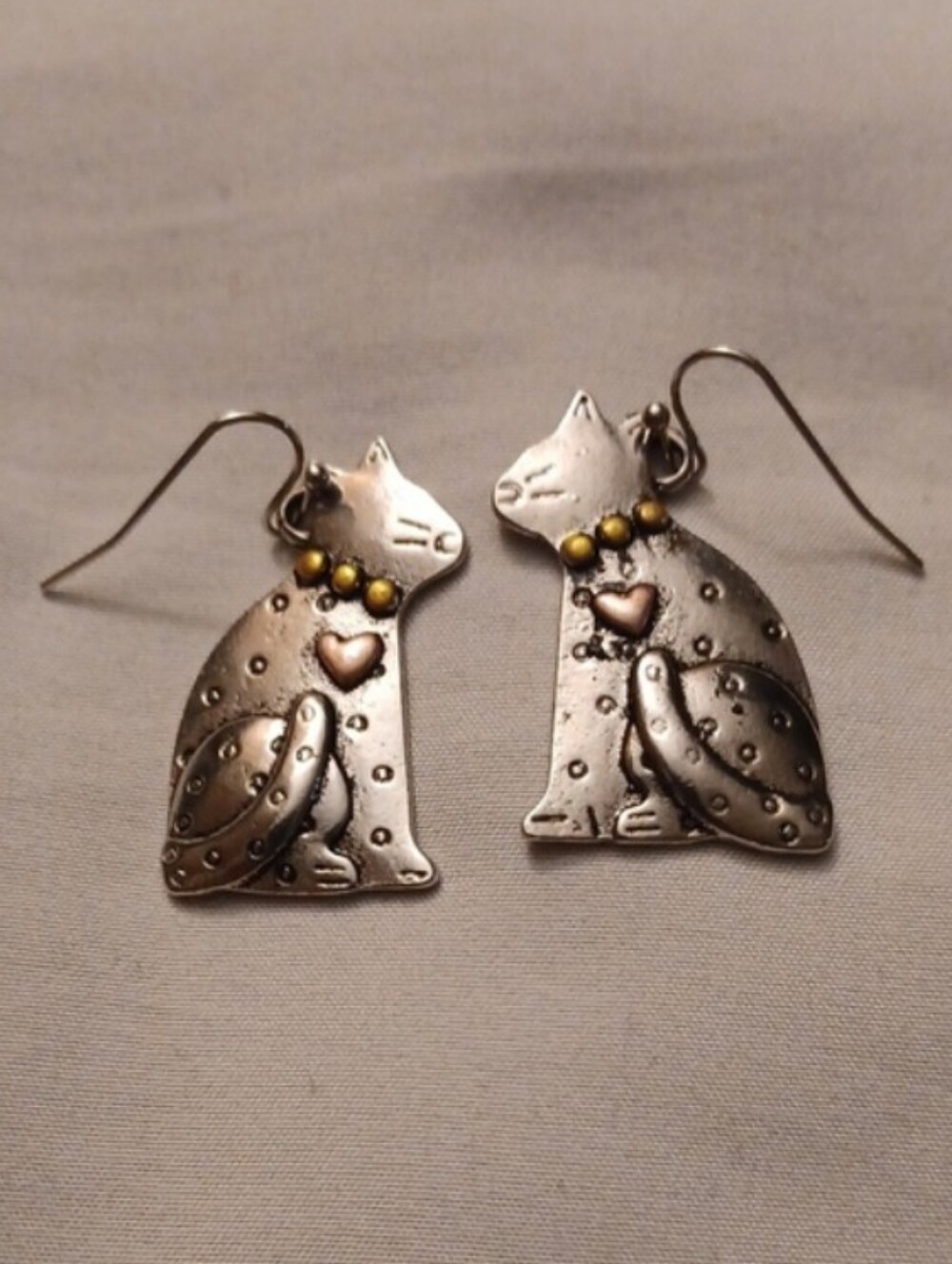 4/$40 Silver Cat Dangle Earrings with Heart Accent
